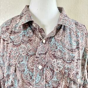 Panhandle Shirt Men’s XXL Button Down Blue Brown Short Sleeve Western Paisley